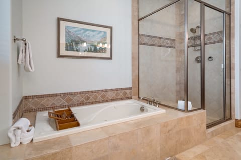 Combined shower/tub, jetted tub, hair dryer, towels