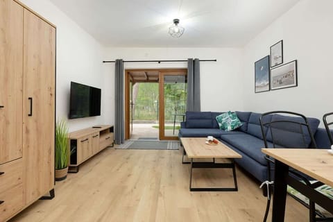 A cozy space with wooden flooring, a large TV mounted on the wall, a light wooden TV stand, and a comfortable navy-blue sofa with a small wooden coffee table. The room is bright, featuring large windows that let in natural light.