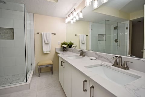 Combined shower/tub, hair dryer, towels