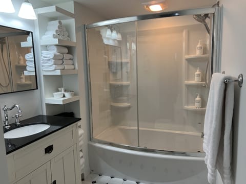 Combined shower/tub, hair dryer, towels, soap