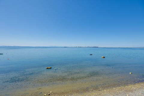 On the beach, sun loungers