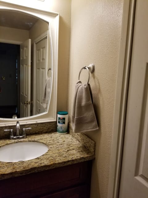 Combined shower/tub, hair dryer, towels, soap