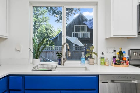 Your fully stocked kitchen has been updated with stainless steel appliances.