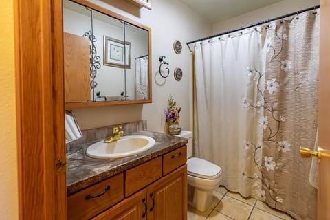 Combined shower/tub, hair dryer, towels, soap