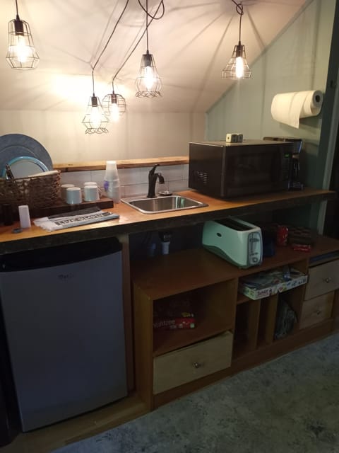 Fridge, microwave, coffee/tea maker, toaster