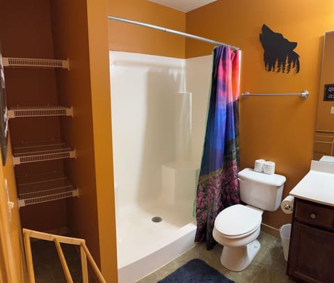 Combined shower/tub, hair dryer, towels, soap