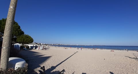 On the beach, sun loungers