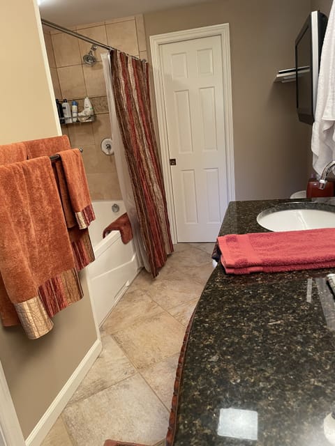 Bathtub, jetted tub, hair dryer, towels