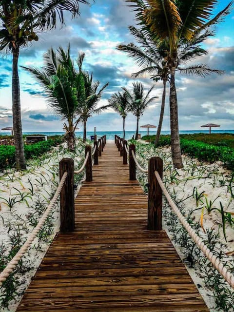 On the beach, sun loungers, beach towels