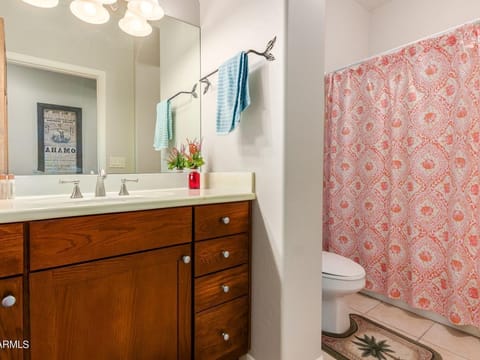 Combined shower/tub, hair dryer, towels, soap