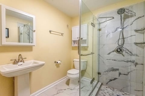 Combined shower/tub, towels, soap, toilet paper