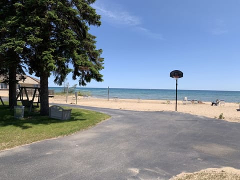 On the beach, sun loungers