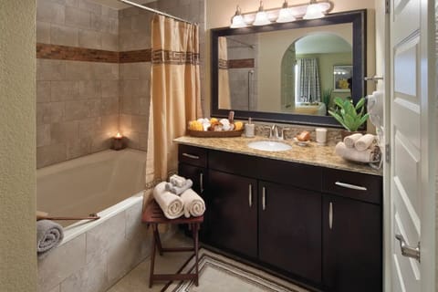 Combined shower/tub, hair dryer, towels, soap