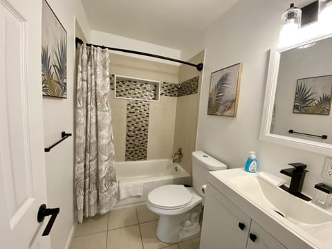 Combined shower/tub, hair dryer, towels, soap