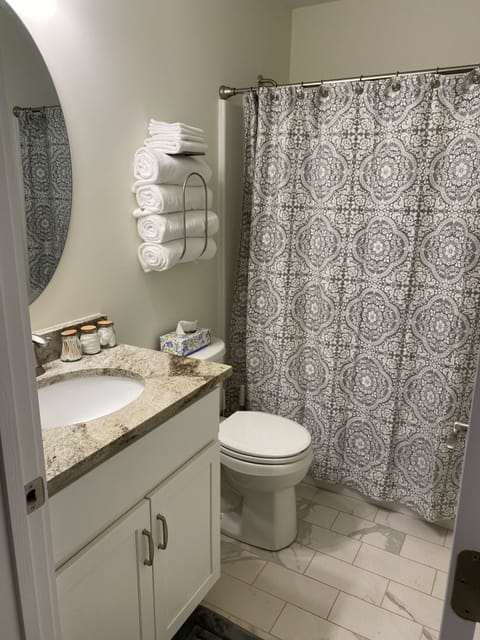 Combined shower/tub, hair dryer, towels, soap