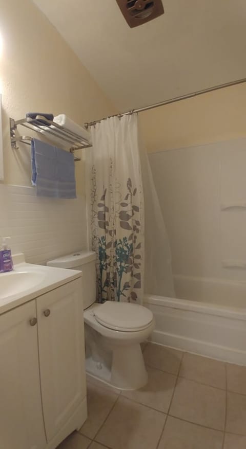 Combined shower/tub, towels, soap, toilet paper