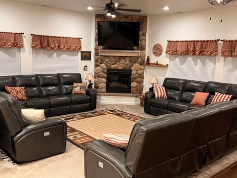 Smart TV, fireplace, video games, DVD player