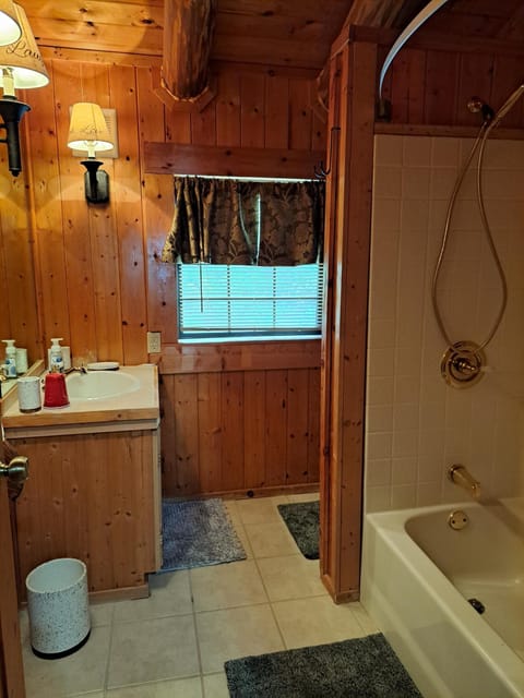 Combined shower/tub, hair dryer, towels, soap