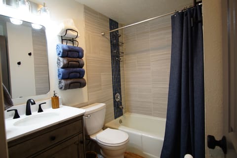 Combined shower/tub, hair dryer, towels, soap