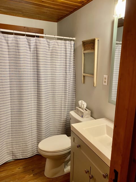 Combined shower/tub, hair dryer, towels, soap