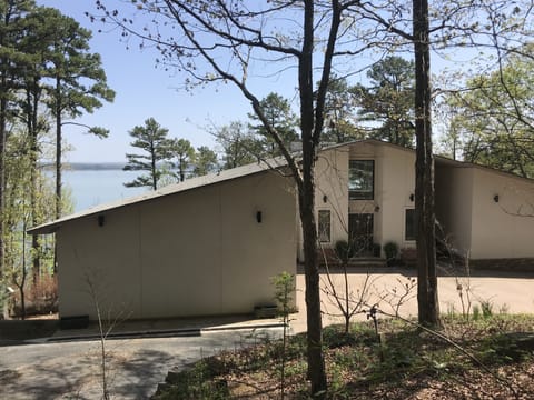 View from the front drive of the lakefront home.