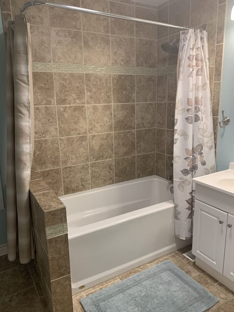 Combined shower/tub, hair dryer, towels, soap