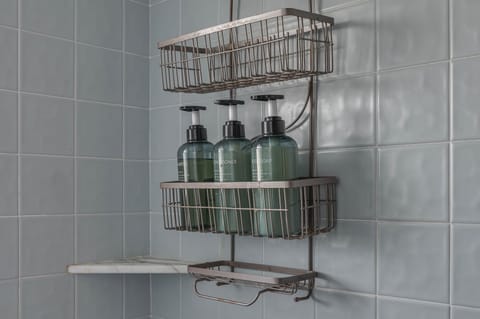 Combined shower/tub, hair dryer, towels, soap