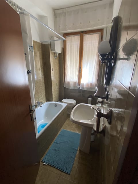 Combined shower/tub, hair dryer, bidet, towels