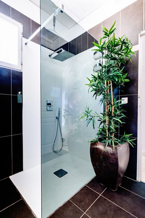 Combined shower/tub, hair dryer, towels