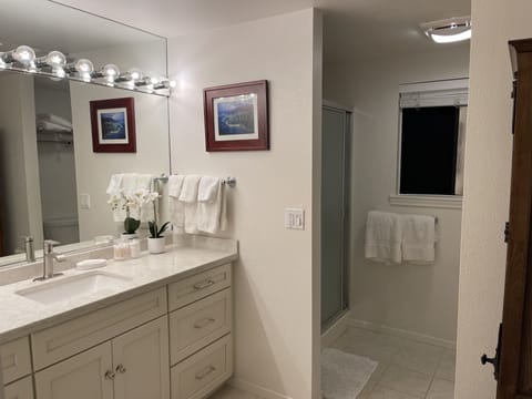 Combined shower/tub, hair dryer, towels, soap