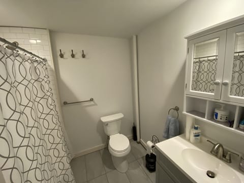 Combined shower/tub, hair dryer, towels, toilet paper