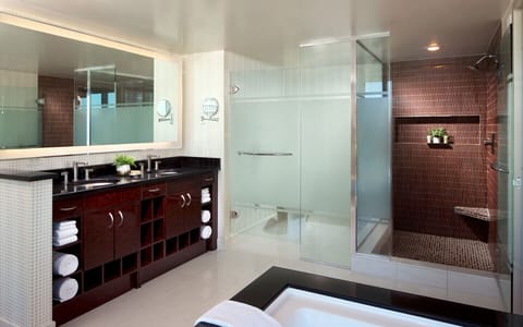 Combined shower/tub, jetted tub, hair dryer, towels