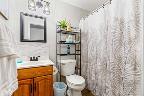 Combined shower/tub, hair dryer, towels