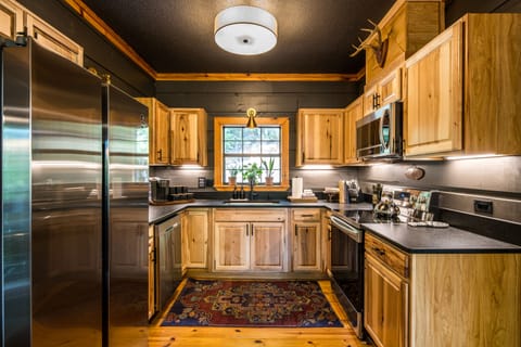 The cabin is stocked with quality pots, pans, utensils, and more!