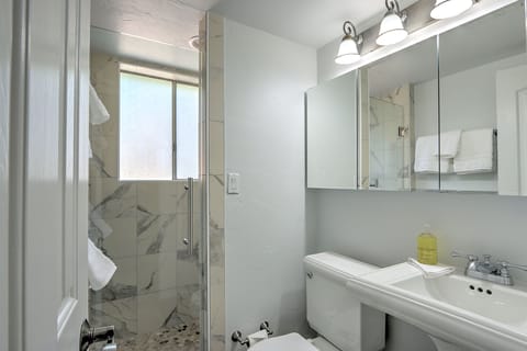 Combined shower/tub, hair dryer, towels, soap