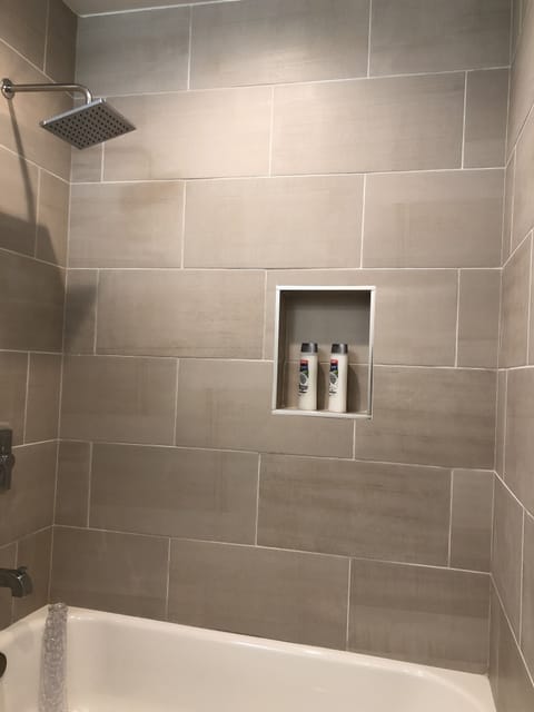 Combined shower/tub, hair dryer, towels, soap