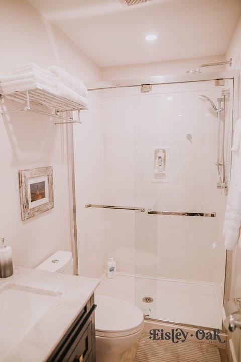 Combined shower/tub, hair dryer, towels, soap