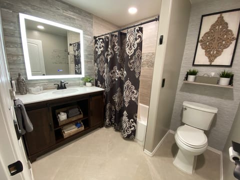 Combined shower/tub, hair dryer, towels, soap