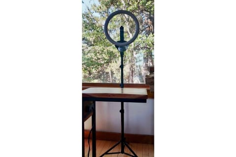 Computer desk with 12" Ring light with 6ft tripod for Zoom meetings.