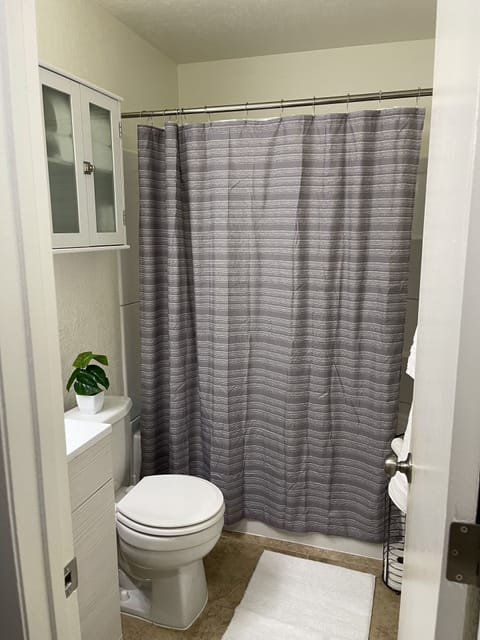 Combined shower/tub, hair dryer, towels, toilet paper