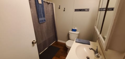 Combined shower/tub, hair dryer, towels, toilet paper