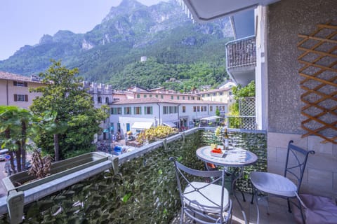 The terrace of the house with a mountain view