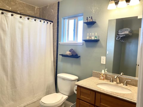 Combined shower/tub, hair dryer, towels, soap