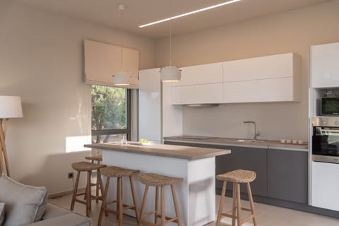 The rough-luxe kitchen is well-equipped for a self-catering stay.