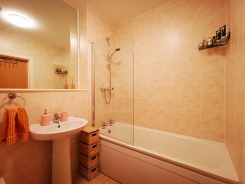 Combined shower/tub, hair dryer, towels, soap