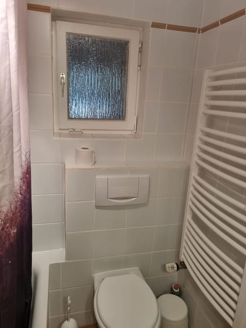Bathtub, hair dryer, soap, toilet paper