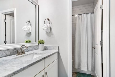 Combined shower/tub, hair dryer, towels