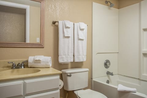 Combined shower/tub, hair dryer, towels