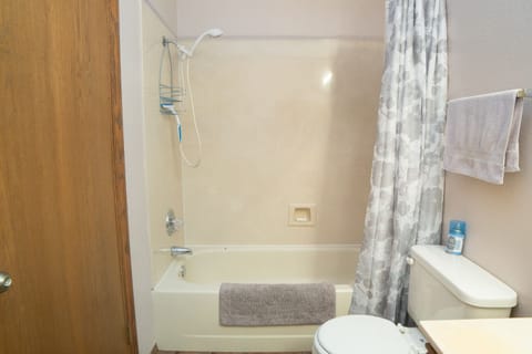 Combined shower/tub, hair dryer, towels, soap