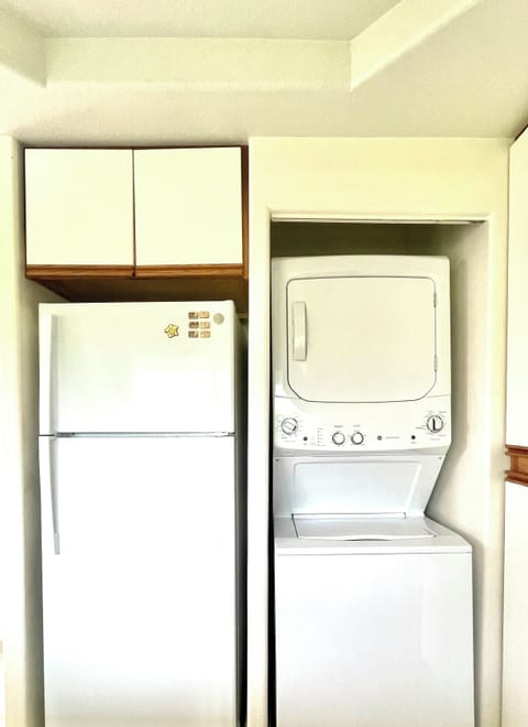 Full-size fridge/freezer, and stackable washer and dryer in the kitchen.